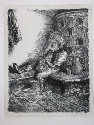 A. PAUL WEBER, Lithographie 1980, Nachlass, Auf der Ofenbank/Igelhausen - Bild 1 von 4