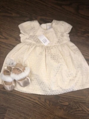 NWT Baby Gap Girl WINTER Gold Ivory 2-piece HOLIDAY Dress fur shoes SET 3 6 - Image 1 of 4
