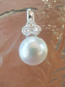 Ciondolo perla taglio tondo e diamanti in oro bianco massiccio 14kt - Foto 1 di 12