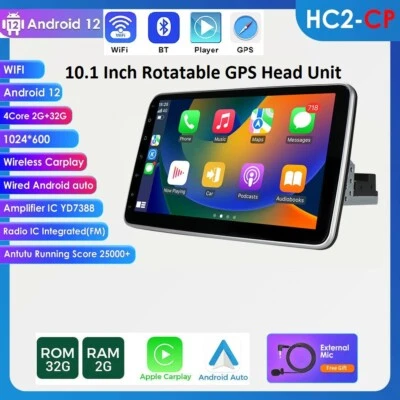 Single DIN Rotatable Screen 10.1" Android 12 Car Stereo Radio 32G GPS Carplay BT - Image 1 of 4