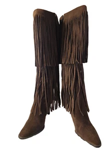 Bijou High Heel Boots Knee High Suede Leather Fringes womens sz 7 - Picture 1 of 12