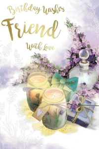 Friend Happy Birthday Card Candles Presents Gift Flowers & Perfume Design - Picture 1 of 2
