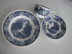 3ps  set OLDE ENGLAND blue transferware CUP SAUCER PLATE England ROYAL TUDORWARE - Picture 1 of 4