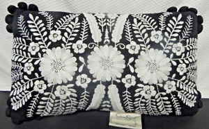 Jessica Simpson Accent Throw Pillow Black White Embroidered Linen Floral 16x9 - Picture 1 of 7