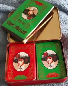 Coca Cola Playing Cards in Tin Can with Pencil and Score Pad, Excellent Conditio - Picture 1 of 8