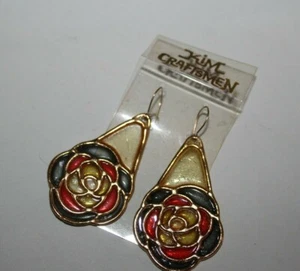 Vintage Kim Craftsmen Stained Glass Gold Tone Dangle Drop Earrings - Picture 1 of 2