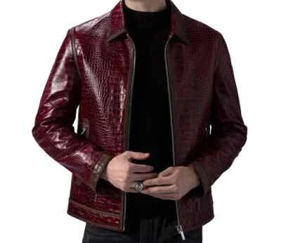 Men's Burgundy Leather Jacket 100% Real Crocodile Pattern Luxury Leather Jacket - Image 1 of 4