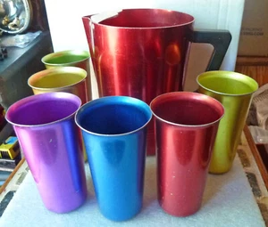 Vintage MCM Regal Aluminum Pitcher with 6 Tumblers/Cups Scuffs - Picture 1 of 5