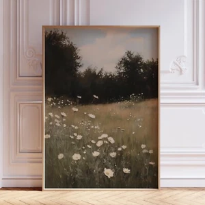 Vintage Farmhouse Summer Wildflowers and Muted Landscape Wall Art Print - Picture 1 of 6