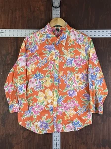 Lauren Ralph Lauren Button Down Shirt Orange Multi Floral Womens Large Cotton - Picture 1 of 6
