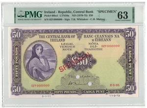 BANCONOTA IRLANDA 50 STERLINE UNC ANNO 1973 P-68bs1 SPECIMEN PMG GRADING 63 MURRAY - Foto 1 di 2