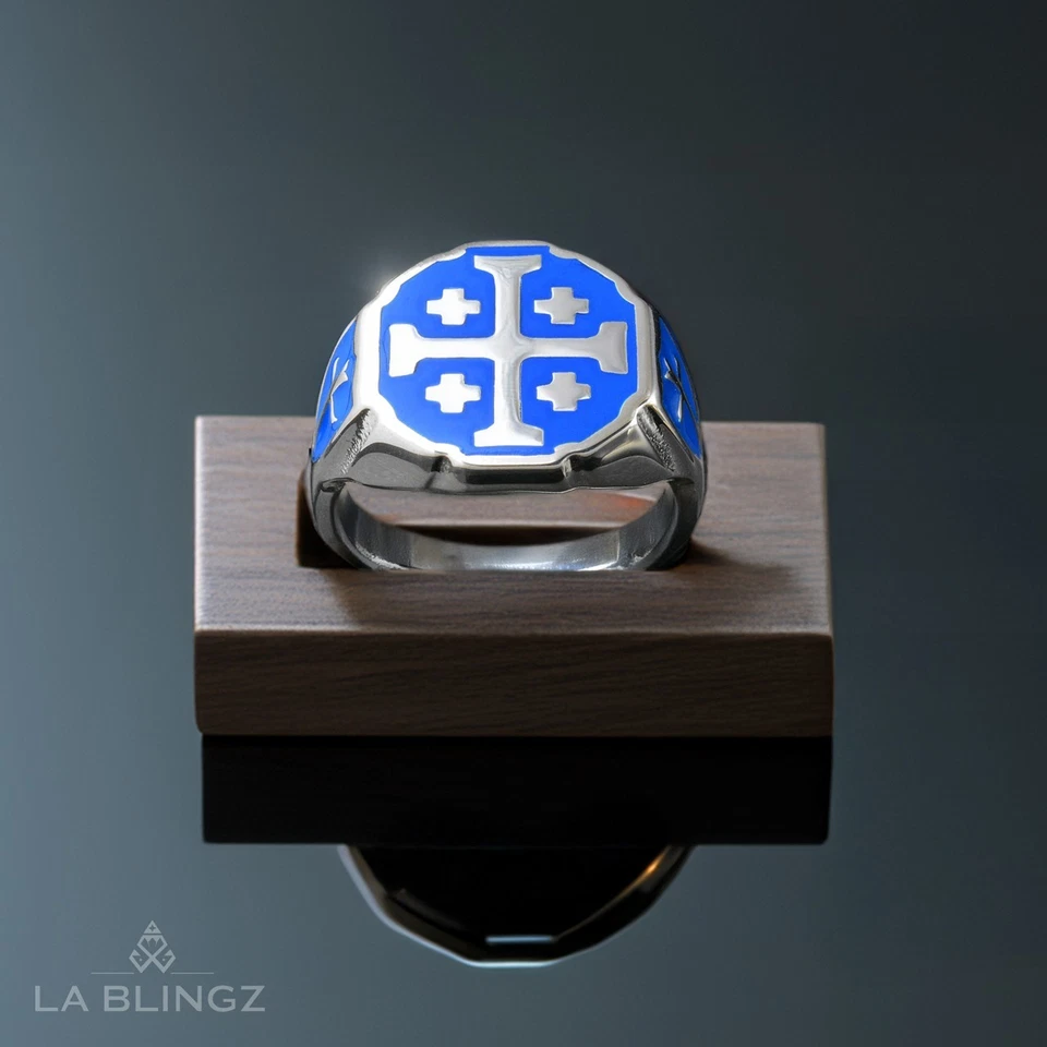 Sterling Silver Blue Enamel Jerusalem Cross Octagon Signet Ring for Men - Image 1 of 4