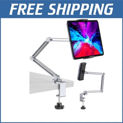 Foldable Tablet Arm Holder - 360° Rotating Clamp for iPad & Smartphones - Silver - Image 1 of 4