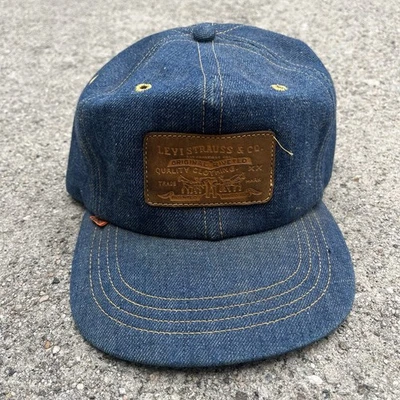 Gorra Levis Denim Vintage Gorra Naranja Pestaña Cuero Parche Correa Camionero Años 70 Limpio Foto 1 de 4