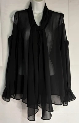 Focus 2000 透明露肩上衣女式 12 码黑色纽扣上衣带领带 — 第 1/4 张图片