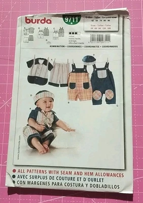Burda Kids 9711 Infant Overalls Shirt Pants Hat Pattern Sz 3 - 18 Months Uncut - Image 1 of 3
