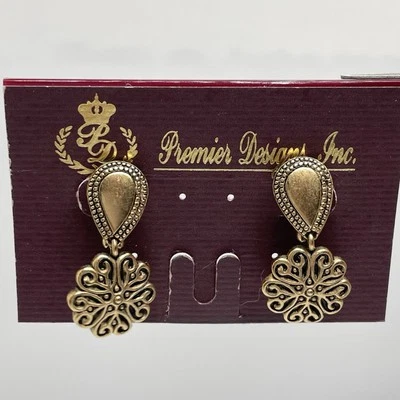 Vintage Premier Designs Gold Tone Filigree Dangle Clip On Earrings Statement - Image 1 of 4