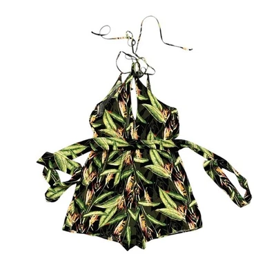 Romper feminino BCBGMaxazria M médio surplice Birds of Paradise gravata frontal buraco na fechadura - Imagem 1 de 4