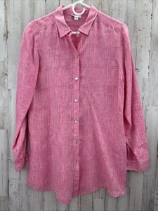 J. Jill Pink 100% Linen Long Button Down Shirt Long Sleeve Sz M Lagenlook Casual - Picture 1 of 12