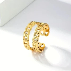  Chain Ring 18K Gold Plated Stainless Steel Double-layer Open Ring Adjustable - Picture 1 of 5