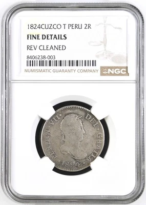 Peru 1824 T-Cuzco 2 Reales NGC Graded F Details - Rev Cleaned (doesn't look it). - Image 1 of 3