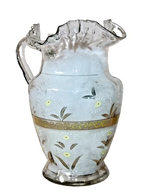 Jarra victoriana con borde con volantes pintada margarita y borde dorado vidrio transparente soplado a mano Foto 1 de 4