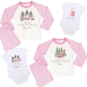 My First Christmas Baby Pyjamas Vest Personalised Baby Girl 1st Xmas Pink Pyjama - Picture 1 of 10