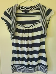 Annabelle Womens Jrs S Blue Stripe Short Sleeve Tee Top Blouse w Drape Neck - Picture 1 of 8