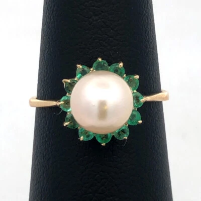Designer 14K Yellow Gold Round Pearl Green Tourmaline Halo Cocktail Ring - Image 1 of 4