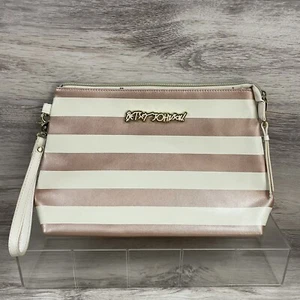 Betsey Johnson Cosmetic T-Bottom Metallic Cosmo Zip Pouch Clutch 13” x 8” Stripe - Picture 1 of 11