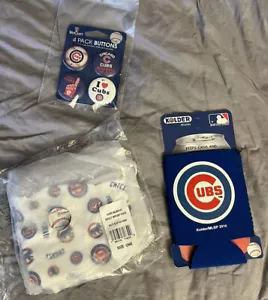 LOTE de máscaras faciales de los Chicago Cubs + lata Koozy + botones, ¡totalmente nuevas! Rellenos de medias - Imagen 1 de 8