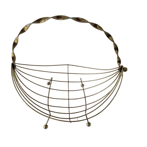 Vintage Mid Century Modern Brass Decorative Basket Braided Handle Ball Feet Cover