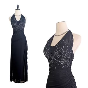 Blondie Nites Prom Dress Maxi Gown 8 Navy Blue Y2K Goth Glam Bead Ruffle Halter - Picture 1 of 13