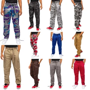 MEN'S ESSENTIAL CANVAS ARMY MILITARY CARGO CAMO WORK PANTS WITH BELT 6CP01EY - Picture 1 of 56