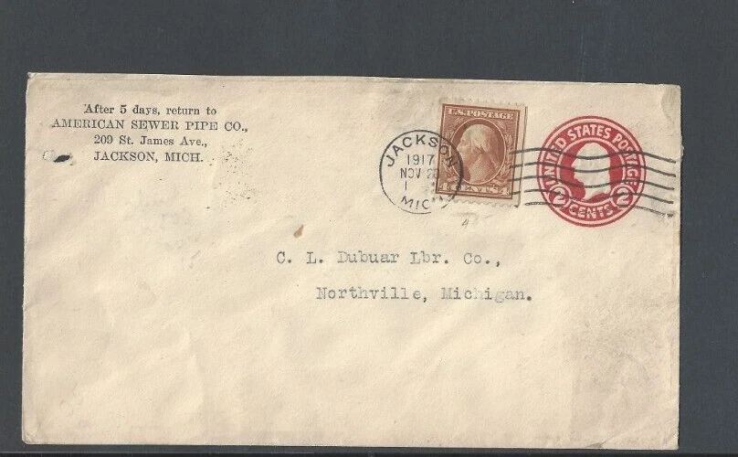 1917 Jackson MI W/#465 4c Brown Pays 6c Rate American Sewer Pipe Co - Image 1 of 1