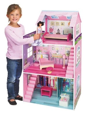 riesengroßes Holz Puppenhaus Puppenvilla Villa rosa 3 Stockwerke 106x61x29cm