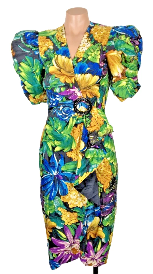 Vestido de cóctel vintage años 80 Barbara bb Collection floral hawaiano Resort Wear 6 Foto 1 de 4