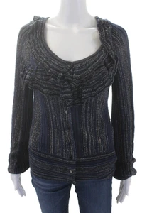 Leifsdottir Womens Metallic Scoop Neck Ruffle Button Down Sweater Blue Size S - Picture 1 of 7