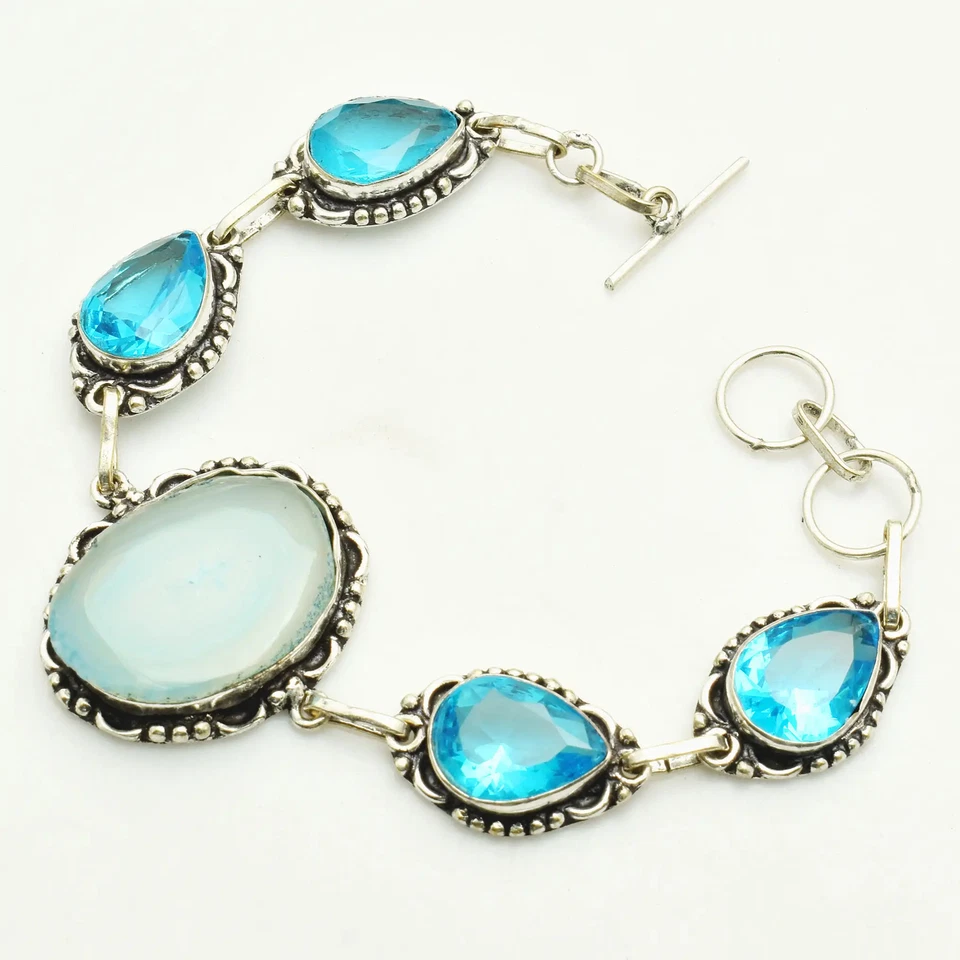 Pulsera étnica hecha a mano con piedras preciosas de topacio azul ágata solar 20 Gms AB 25618 Foto 1 de 1