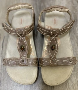 Aetrex Lori Sandals Brown Leather Cork Wedge T-Strap Comfort Beaded Size 8.5 US - Picture 1 of 11