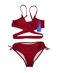 Two-Piece Red Bikini Set Crisscross Top Tie Side Bottoms Girls MIENQE XL 12 14 - Picture 1 of 7