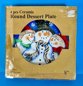 SET OF 4 SANTA SNOWMAN 8'' DIAMETER ROUND DESSERT PLATE - Picture 1 of 3