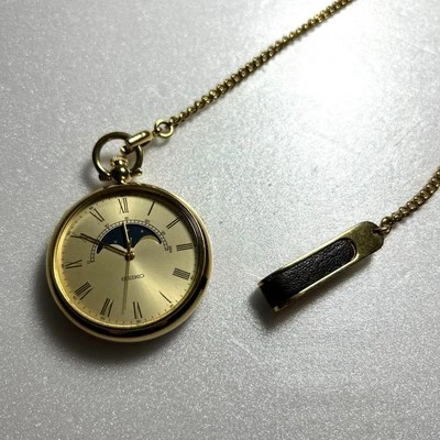 Seiko Pocket Watch 7424-0010 Moon Phase Gold Qz Vintage 1985 - Image 1 of 4