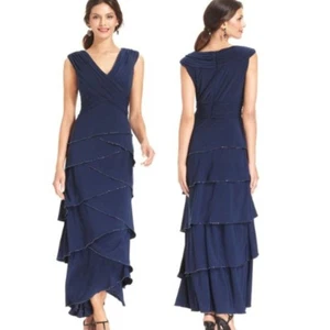 PATRA Navy Jersey Sleeveless Tiered Beaded Formal Evening Gown, Size 24W - Picture 1 of 12