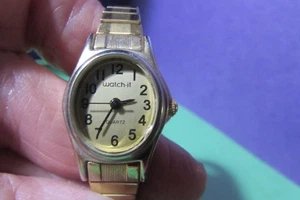 Reloj pulsera Watch-It correa de expansión dorado vintage - necesita batería - 8" alrededor - Imagen 1 de 4