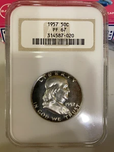 1957 NGC PF67 FRANKLIN HALF DOLLAR - CAMEO OBVERSE, OLD HOLDER - Picture 1 of 8