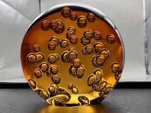 Large Paperweight Controlled Bubbles Amber Round Orb Gold 5 Lb 5” Orange Glass - Bild 1 von 7