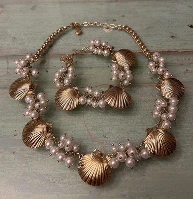 Talbots Gold Pearls Shells Seashells Necklace Bracelet Set  - Image 1 of 4
