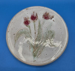 Handmade Art Pottery Glazed Round Trivet Plant Tile Tulip Design Footed 5" - Picture 1 of 5