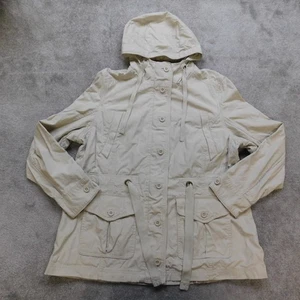 LL Bean Tan Trench Coat Womens Large Hooded Pockets Button Up Drawstring Waist - Picture 1 of 12